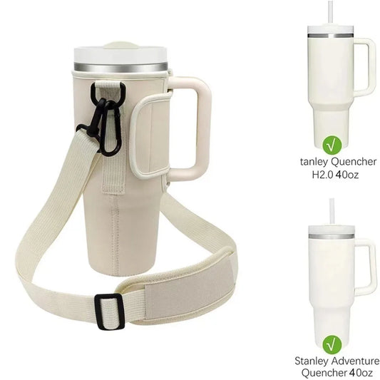 40ozCar Cup Holder Water Bottle Bag Portable Water Bottle Bag with Adjustable Shoulder Strap and Straw Holder for Outdoor Travel