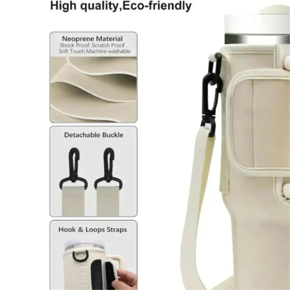 40ozCar Cup Holder Water Bottle Bag Portable Water Bottle Bag with Adjustable Shoulder Strap and Straw Holder for Outdoor Travel