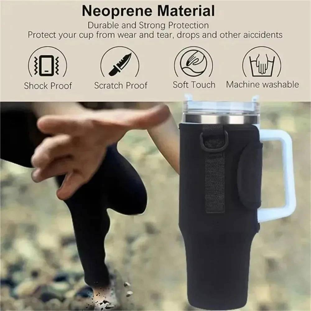 40ozCar Cup Holder Water Bottle Bag Portable Water Bottle Bag with Adjustable Shoulder Strap and Straw Holder for Outdoor Travel