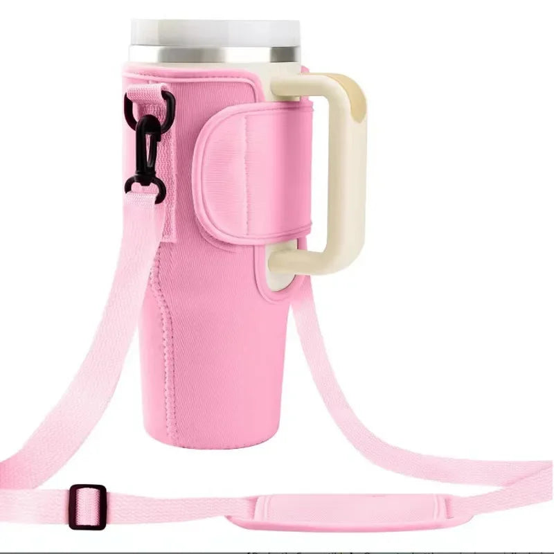 40ozCar Cup Holder Water Bottle Bag Portable Water Bottle Bag with Adjustable Shoulder Strap and Straw Holder for Outdoor Travel